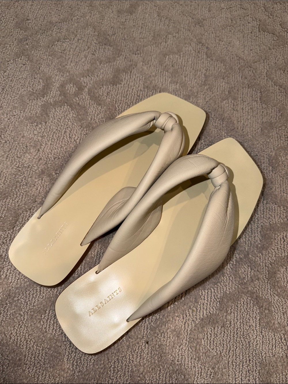 AllSaints Cream Knotted Leather Slide Sandals
